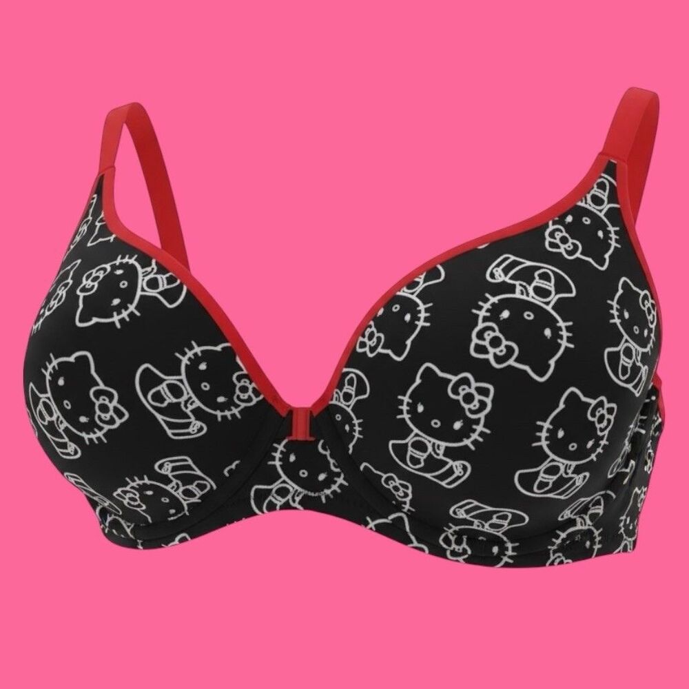 Hello Kitty Bra Womens 34B Black Red Allover Print Underwire Front Closure
